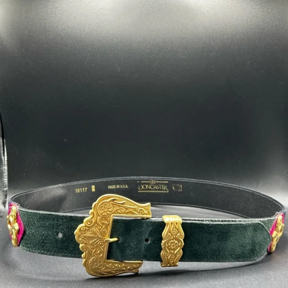 VTG‎ 80s-90s Doncaster Green Navy Pink Suede Leather Gold Women's Belt 40”